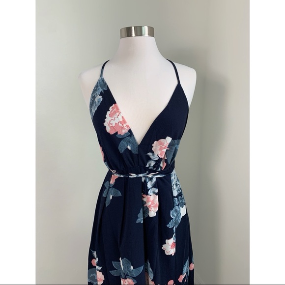 Navy Blue Floral Backless Lace Up Wrap Maxi Dress - Picture 9 of 11